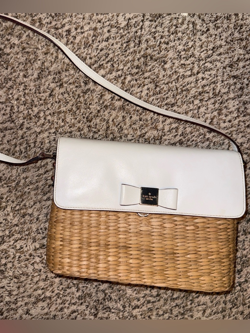 kate spade White Leather & Woven Straw Crossbody with Bow